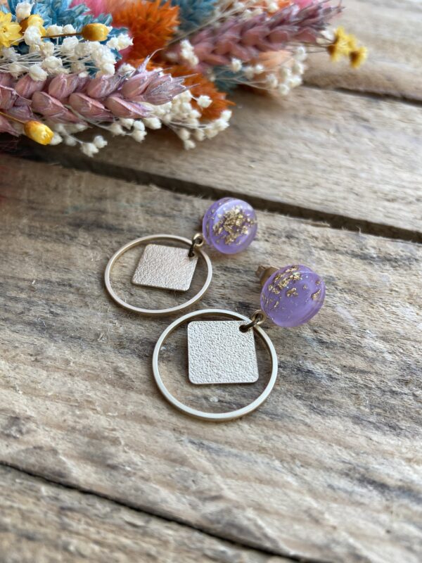 Cabochon oorsteker hars met goudvlokken en frosted vierkant - Afbeelding 4