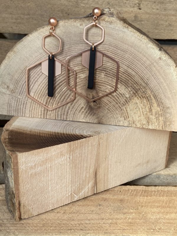 Trio zeshoek met kort staafje - rosé goud/zwart